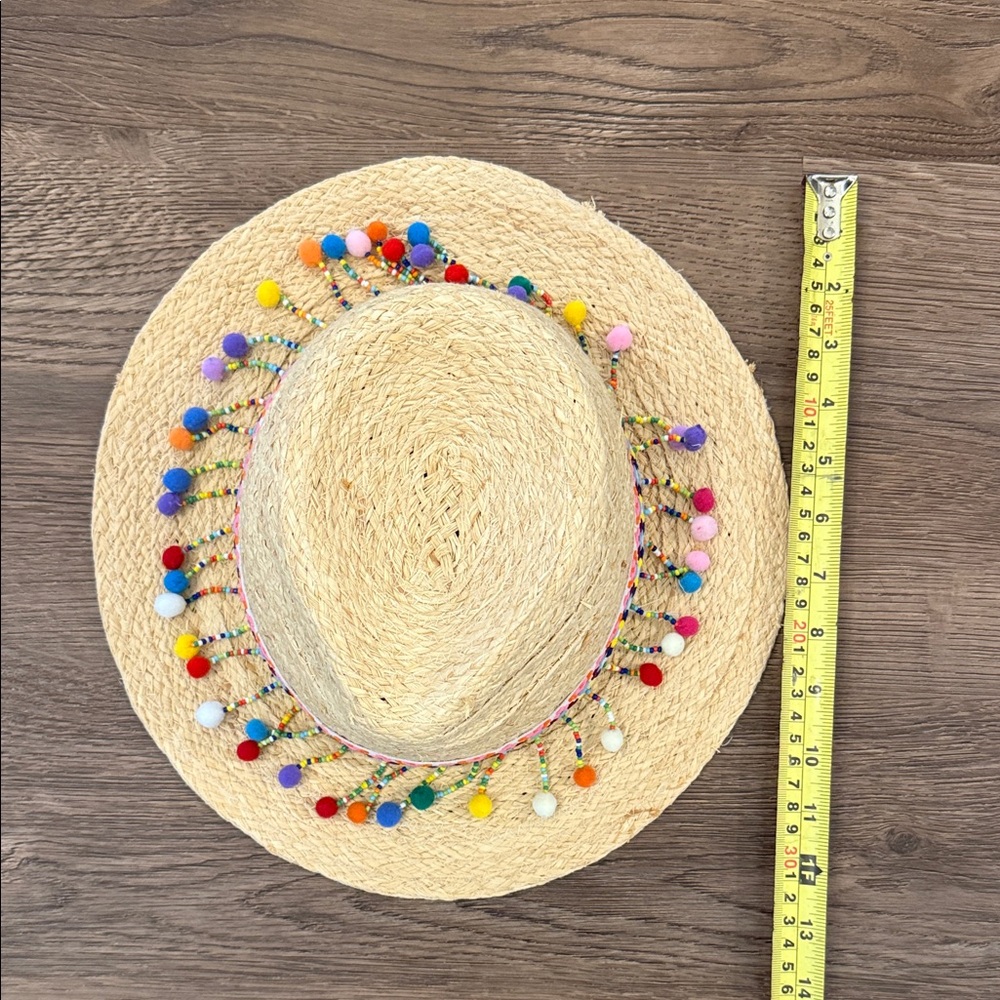 Caslon Natural Straw Hat with Multicolor Pom-Pom Trim